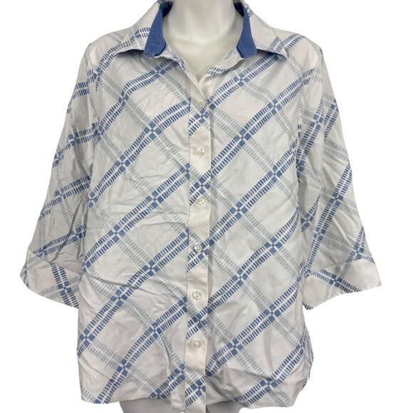Chicos No Iron Stretch Button Up 3/4 Sleeve Cotton Blue White Shirt 2P/ 12/ 14 - Picture 1 of 16